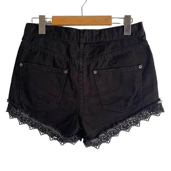 Free People Shorts Black Mid-Rise Denim with Boho Lace Fringe Size 25 - Picture 2 of 5